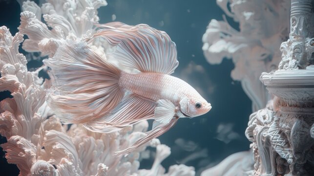 Elegant pale pink betta fish swimming amidst white coral decor.