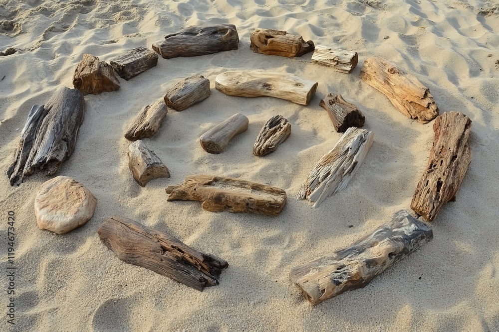 Poster an artful spiral created with wooden objects laid out on a beach, symbolizing continuity and the flo