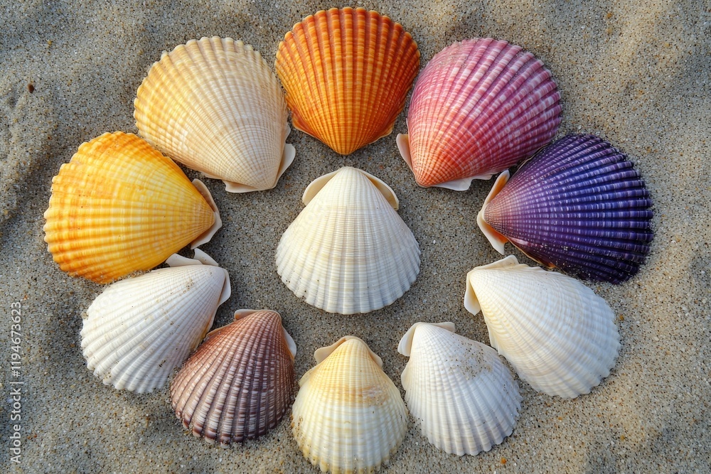 Poster this image features an array of vibrant seashells, carefully arranged in a circle on sandy beach, sh