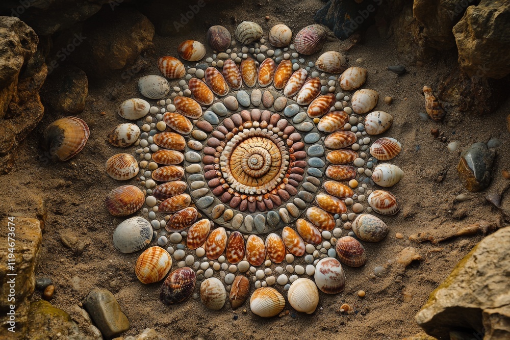Poster this image depicts a complex mandala created with an assortment of seashells in varying shapes and s