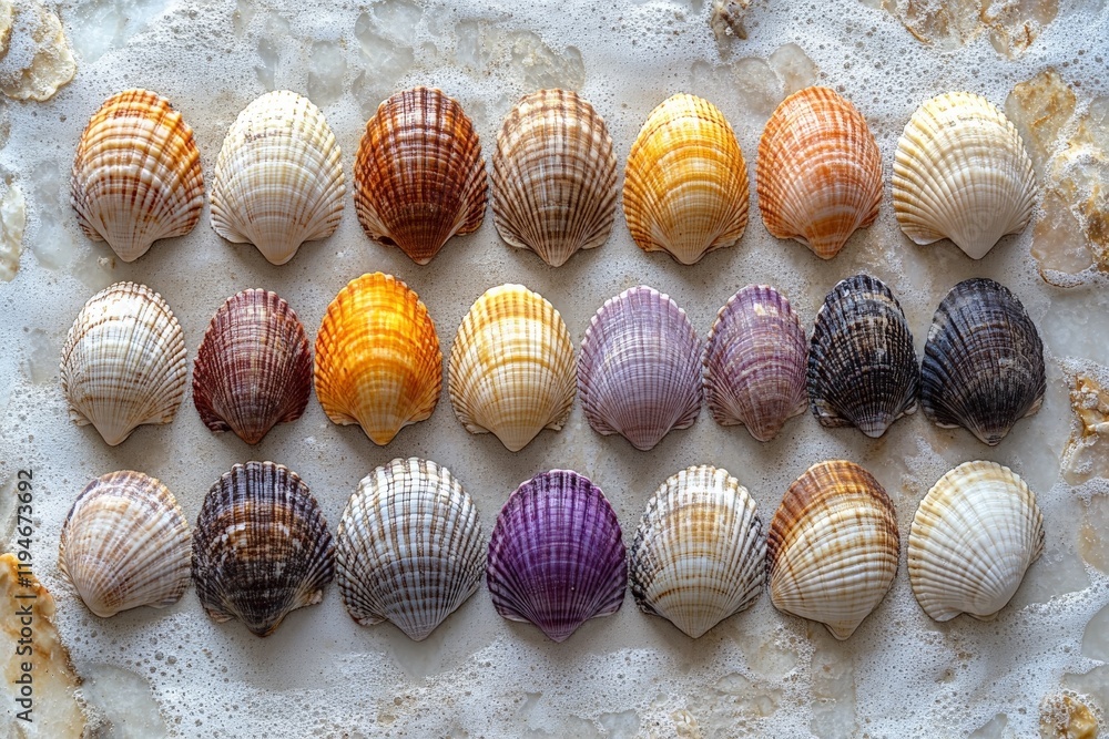 Poster in this image, multiple rows of shells in diverse colors are arranged neatly on a textured surface, 