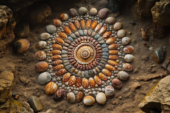 This image depicts a complex mandala created with an assortment of seashells in varying shapes and sizes, set on a sandy background with natural texture.