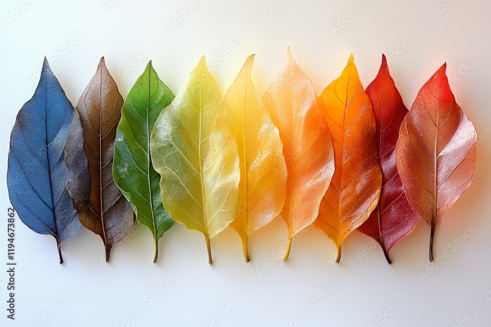 Poster this image shows a lineup of vibrant skeleton leaves arranged by color in a gradient creating a stun