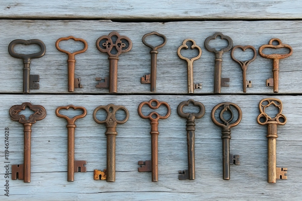 Poster a variety of rustic keys with unique shapes are arranged on a weathered wooden surface, highlighting