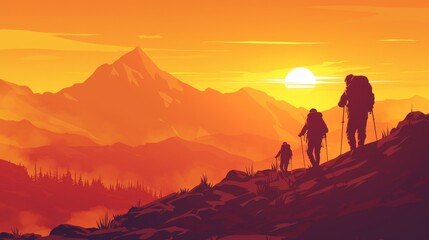 Fototapeta premium Hikers Ascending Mountain Ridge at Sunset Panorama.