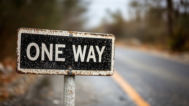 Weathered one-way street sign directing traffic along a rural road with blurred trees in the background
