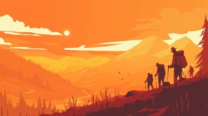 Fototapeta premium Hikers Trekking Across Mountain Range at Sunset.