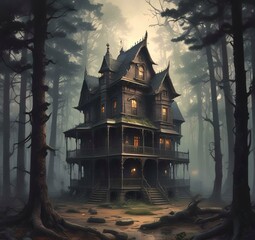 Obraz premium Illustration of ghost house in creepy forest.