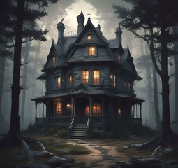 Obraz premium Illustration of ghost house in creepy forest.