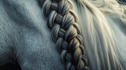 Fototapeta premium Close-up aesthetic composition of the braided form of the white horse's mane in the vertical frame