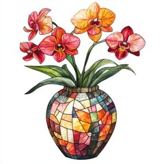 Vibrant Orchid Arrangement in Stained Glass Style Watercolor