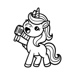 fun cute singing unicorn cartoon character isolated drawing line style sketch classic vintage design illustration