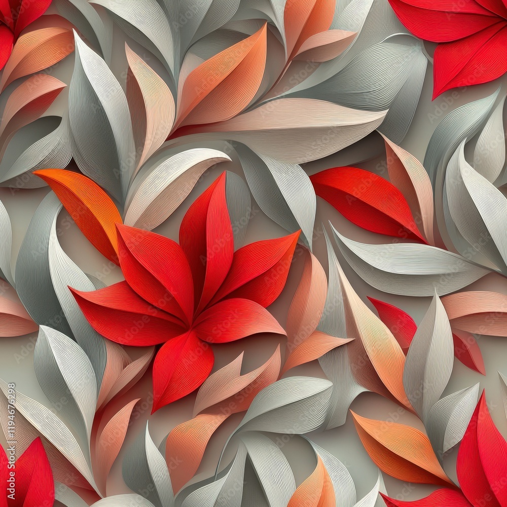 Poster vibrant flower embroidery and papercut design with 3d floral elements in a repeating pattern on a so
