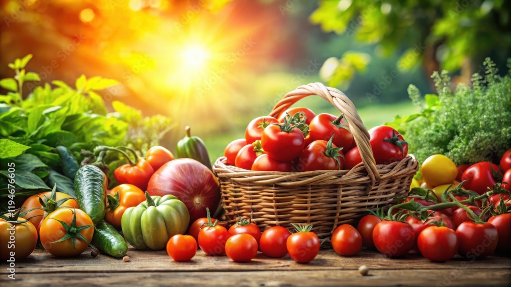 Poster a bountiful harvest of ripe red tomatoes in a rustic wicker basket, surrounded by various garden veg
