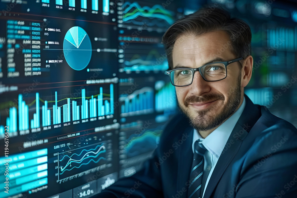 Poster businessman with glasses and beard analyzing sales data and economic growth chart with kpis and metr