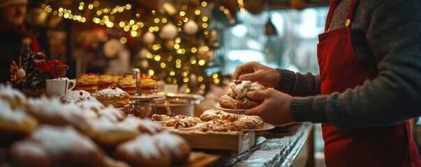A cafÃ© owner arranging Christmas-themed pastries and hot cocoa for customers, 4k photo.