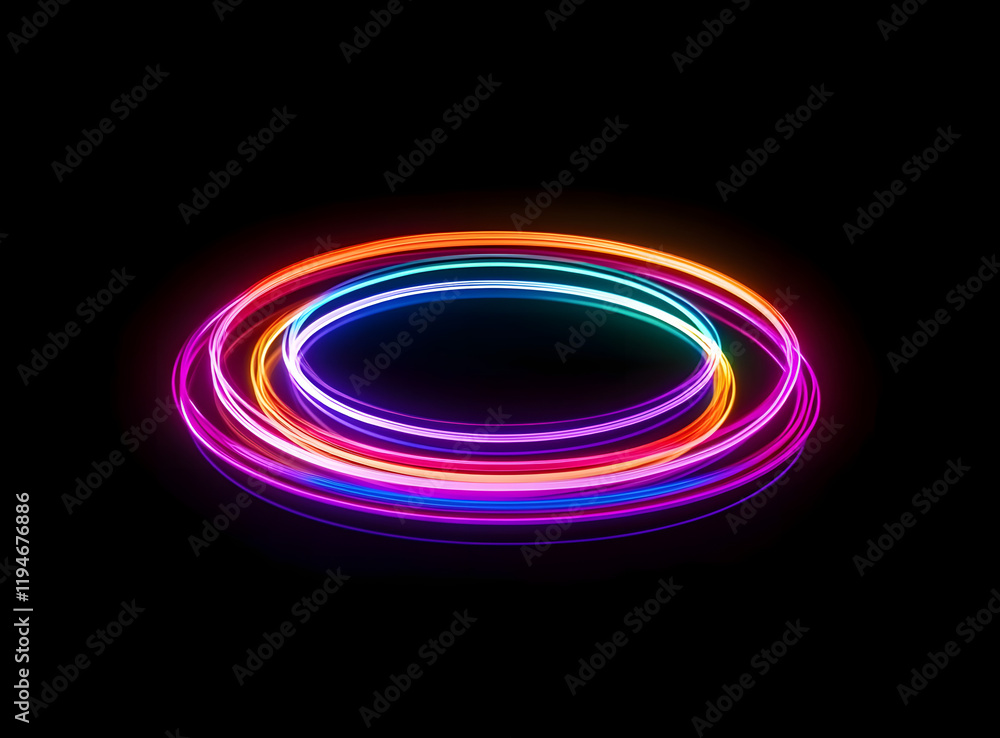 Poster vibrant, concentric neon rings glow in the dark, creating a mesmerizing circular light display. the 