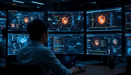 Cybersecurity Expert Monitoring Digital Networks and Firewalls with Glowing Icons Generative AI