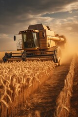 Fototapeta premium A powerful combine harvester operating in a golden wheat field during sunset, illustrating agricultural technology.
