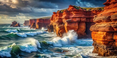 Dramatic Ocean Waves Crashing Against Rugged Red Cliffs at Sunset
