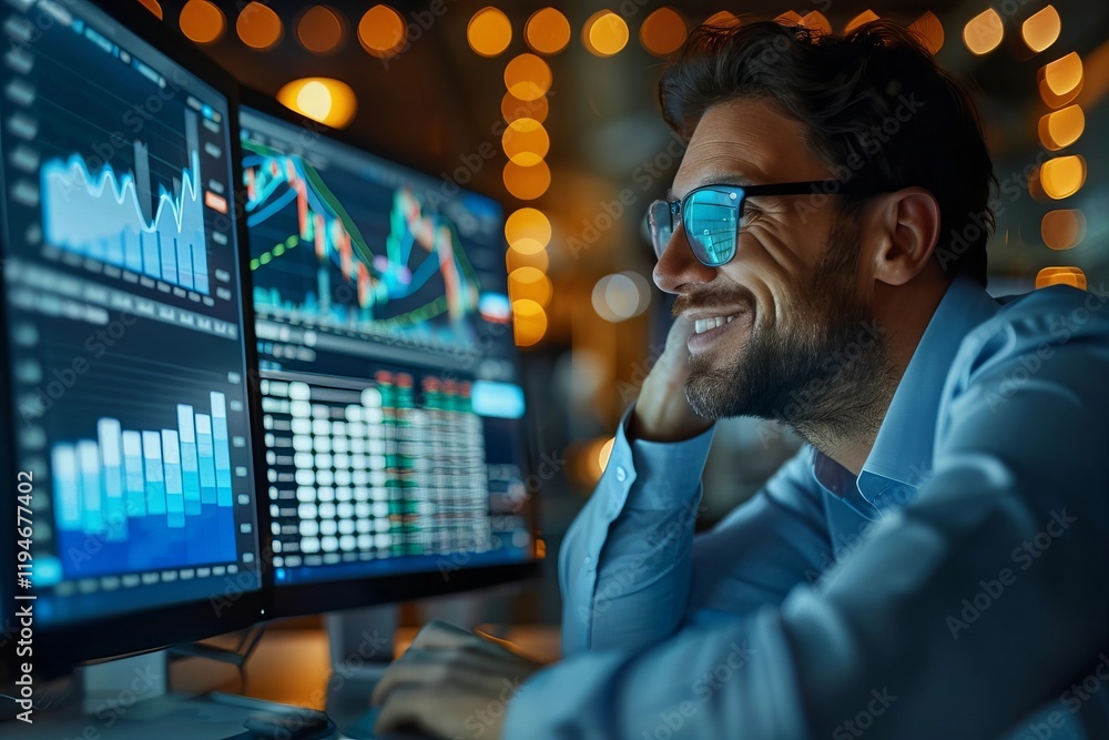 Poster content trader viewing stock graphs on computer screen at desk
