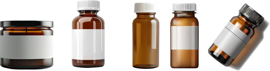 3D set vector illustration of various amber glass medicine bottles with white labels and caps. Perfect for pharmaceutical, healthcare, or medical-themed projects and packaging designs.