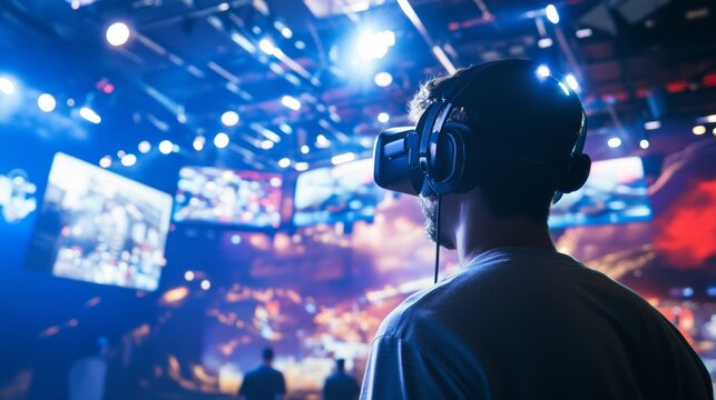 A gamer participating in virtual reality esports championships with international competitors, Virtual competition scene, Competitive gaming style