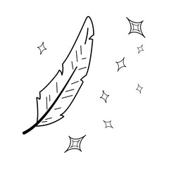 Doodle black line magic feather. Writing pen Isolated Vector illustration theme magic, Halloween, esotericism. Outline graphic.