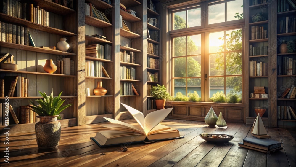 Poster serene study filled with books and sunlight streaming through a large window
