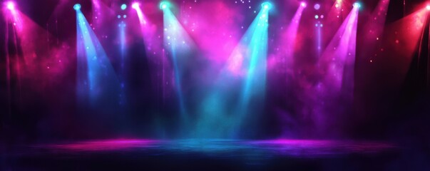 Stage Performance Lights: Colorful stage lights with glowing spotlights, dramatic atmosphere, dark background, concert or theater performance, neon colors