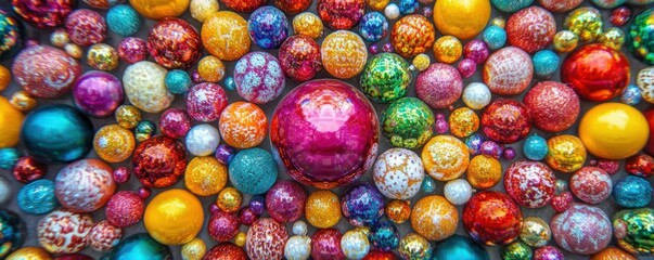 Vibrant Christmas ornaments arranged in a circular pattern, colorful festive decor, creative holiday design.