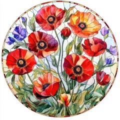 Vibrant Watercolor Stained Glass Poppy Garden in Circular Design