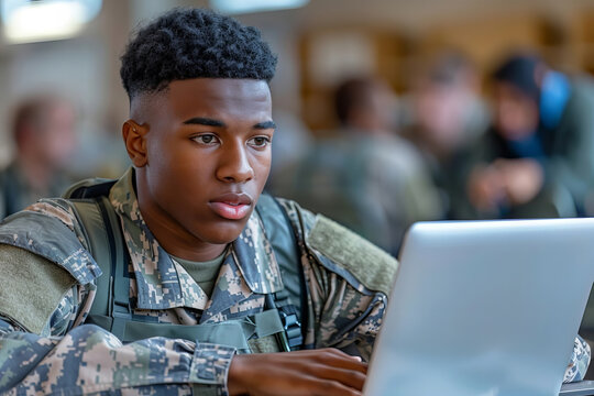 African American Veteran Studying on a Laptop in an Academic Setting