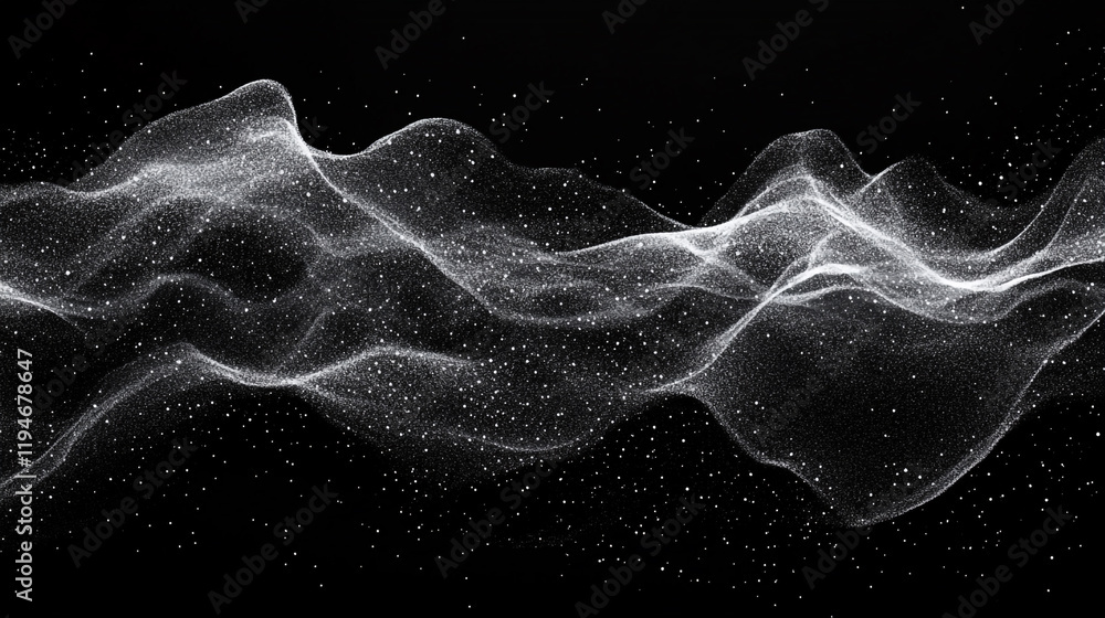 Poster abstract digital waves of white particles creating a mesmerizing visual display at night