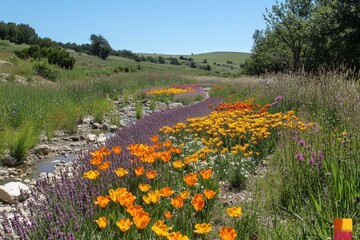 A lush, floral-dotted streamside scene within a countryside setting, showcasing striking orange poppies complemented by fields of lavender under a sunny sky.