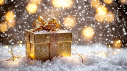 Sparkling Golden Gift in Snowy Winter Scene