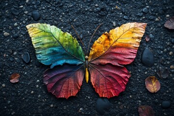 A vibrant butterfly made from multicolored leaves lies on a dark, textured background, showcasing an imaginative blend of nature and creativity in design.