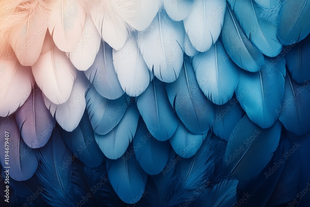 Poster A vibrant display of pastel feathers arranged in a cascading pattern with soft lighting. The gradient colors of blue, pink, and white create a serene atmosphere.