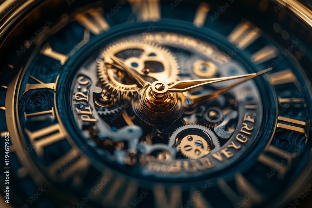 Poster a detailed view of an elegant watch mechanism highlighting golden gears and roman numerals, symboliz