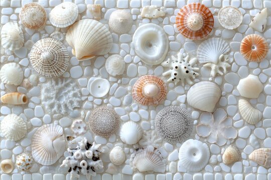 A collection of diverse seashells laid out on a mosaic-style white background, presenting a natural and intricate display of textures and oceanic beauty.