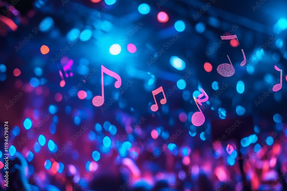 Poster colorful party lights and floating music notes add a lively and energetic vibe, capturing the essenc