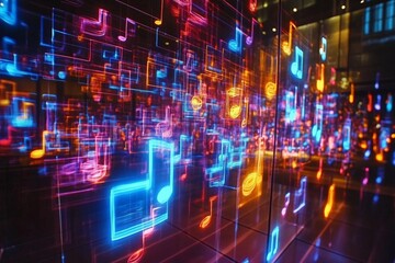 Obraz premium This image features colorful, glowing digital music notes set against a reflective, glass-like surface, creating an energetic and dynamic visual display.