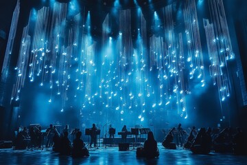 A grand orchestral concert is illuminated by cascading light notes, blending music with visual elegance to create a captivating and immersive experience on stage.