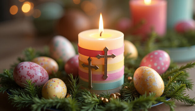 Easter candle with colorful eggs and greenery decoration