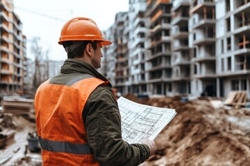An engineer equipped with a helmet and plans surveys a site ready for construction, embodying the critical aspects of urban development and future planning.