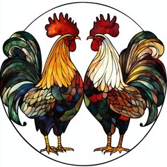 Colorful Stained Glass Roosters in Regal Watercolor Style
