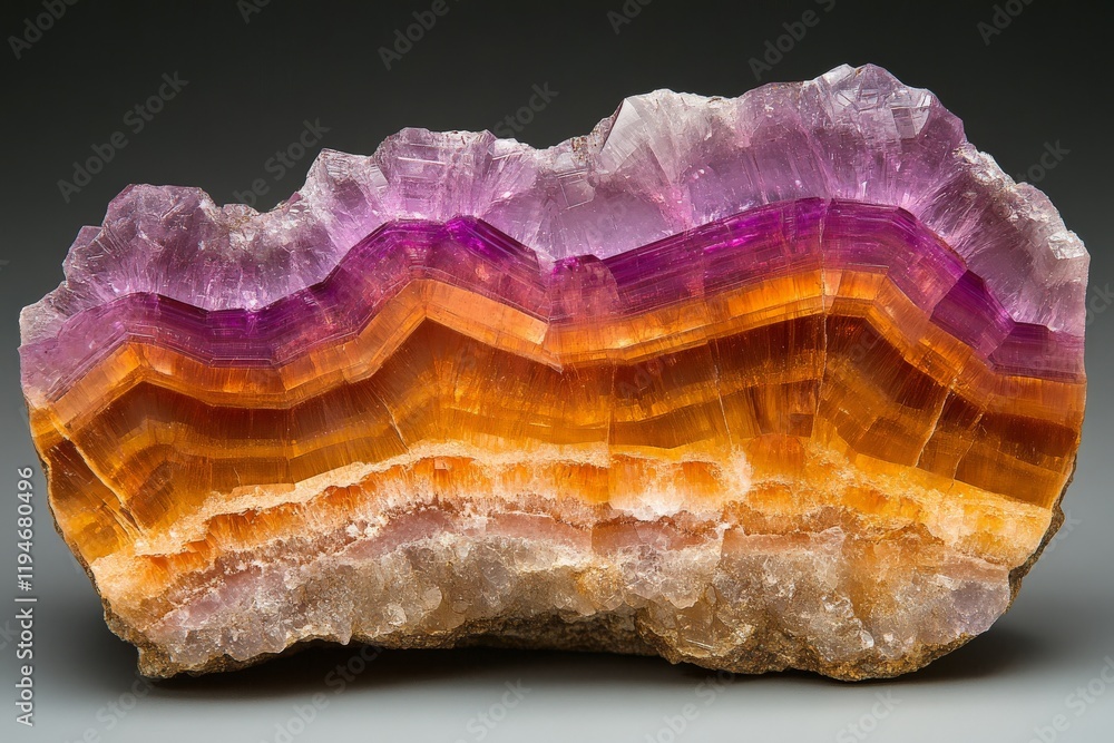 Aufkleber this eye-catching agate mineral slice features vibrant hues from soft violet to deep orange, forming