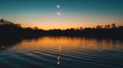 Naklejka premium Serene Sunset Over Calm Water With Crescent Moon And Stars