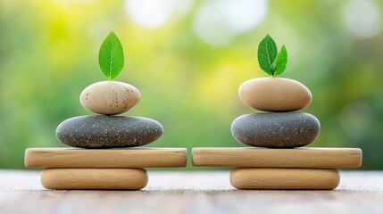 Balanced Stones with Leaves in Natural Setting Symbolizing Harmony and Nature's Serenity