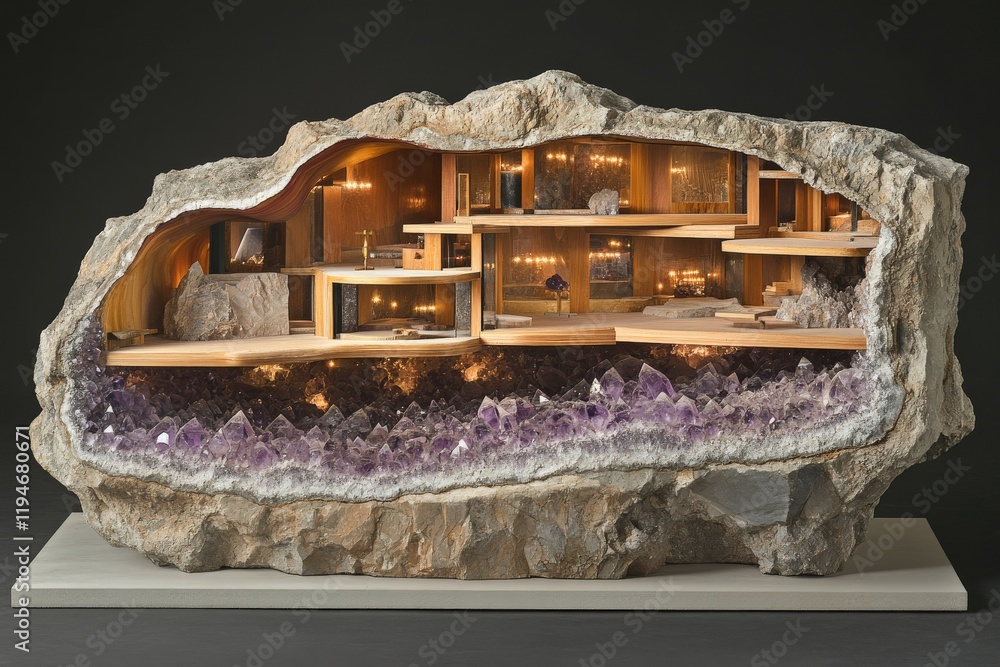 Poster a captivating geode diorama featuring an enchanting interior scene lit elegantly, creating a unique 
